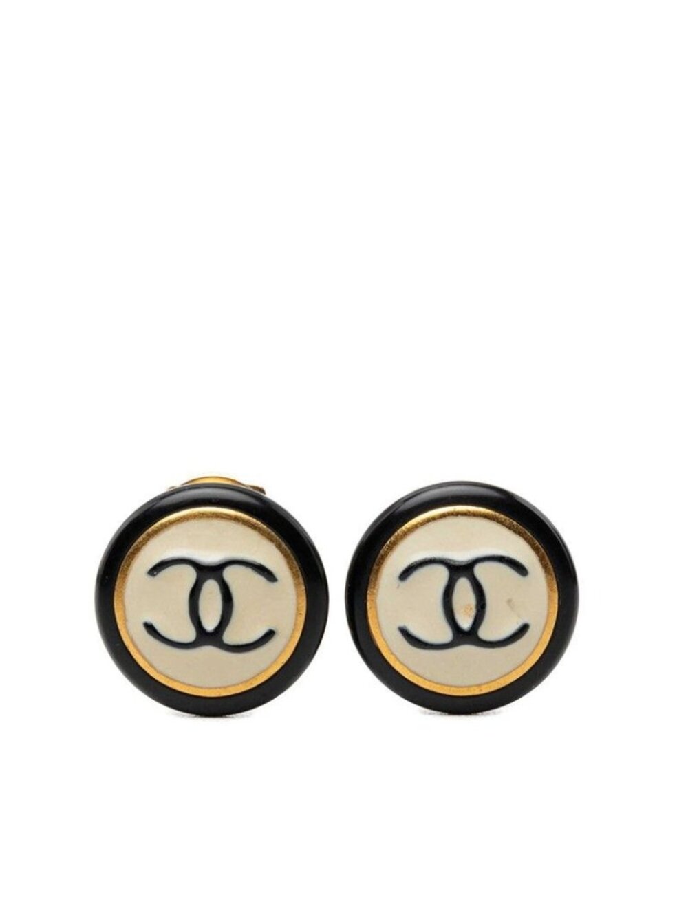 Chanel Vintage CC Logo Earrings 97P Black Gold Ivory Plated